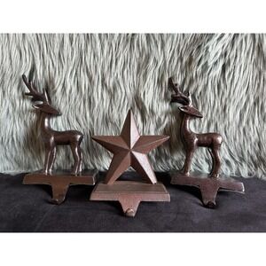 Set of 3 Christmas Mantel stocking holders‎ rustic reindeer Heavy VTG Cast Iron